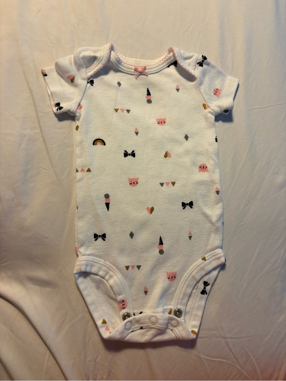 Carter's White Short-Sleeve Baby One-Piece with Pink & Black Accents